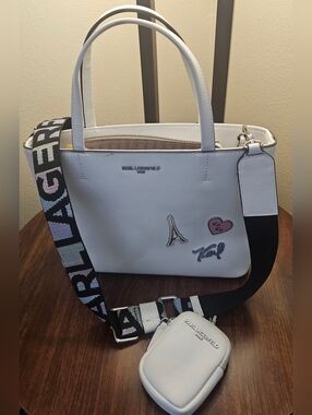 Karl Lagerfeld White Saffiano Leather Tote with Strap